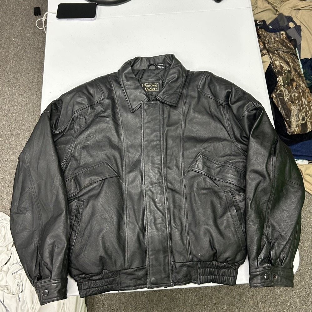 Personal Choice Bomber Jacket Mens Large Black Leather Quilted Lining Zip Up